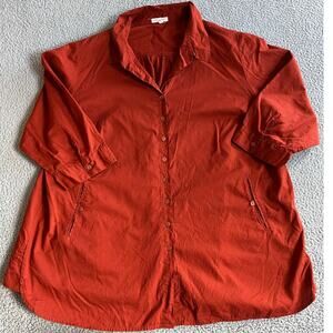 Eileen Fisher Button Top 3X Pockets 3/4 Sleeve Cotton Red Blouse Classic Western